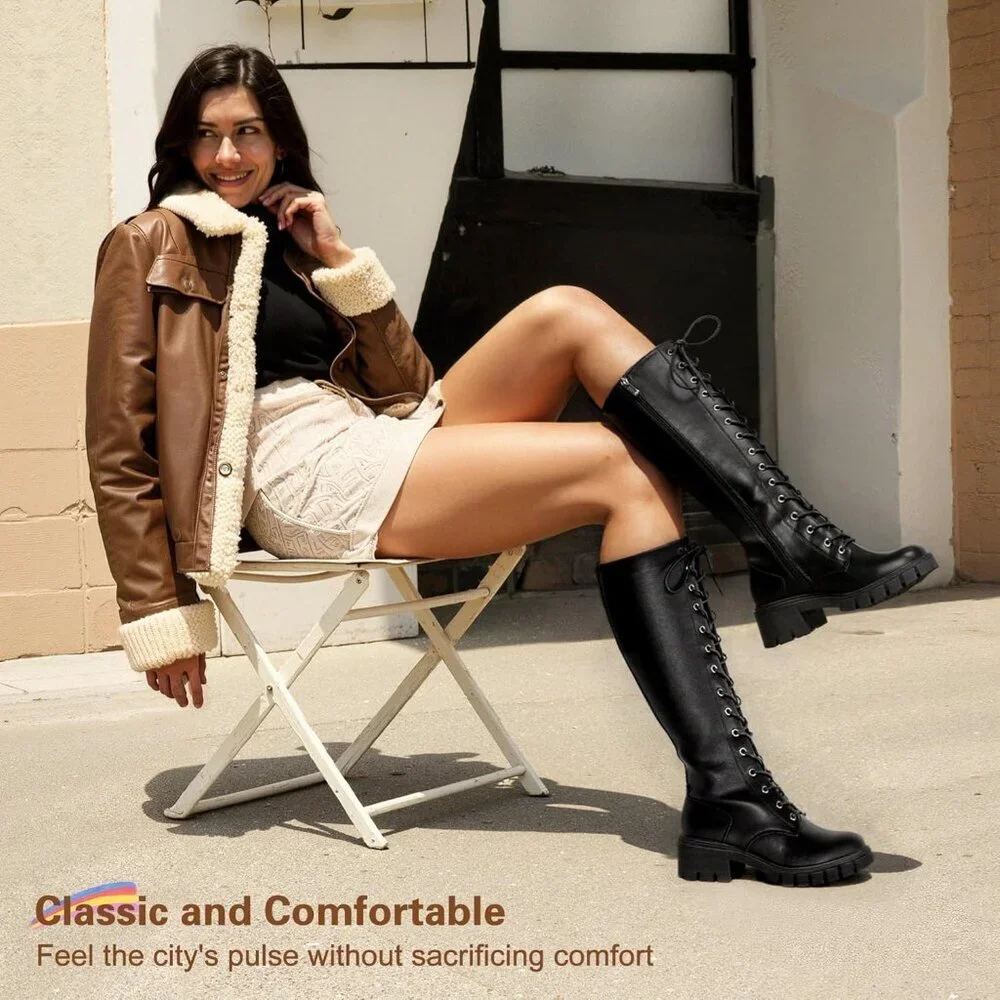 Women's Black Pu 953 Chunky Platform Heel Lace Gothic Knee High Combat Boots